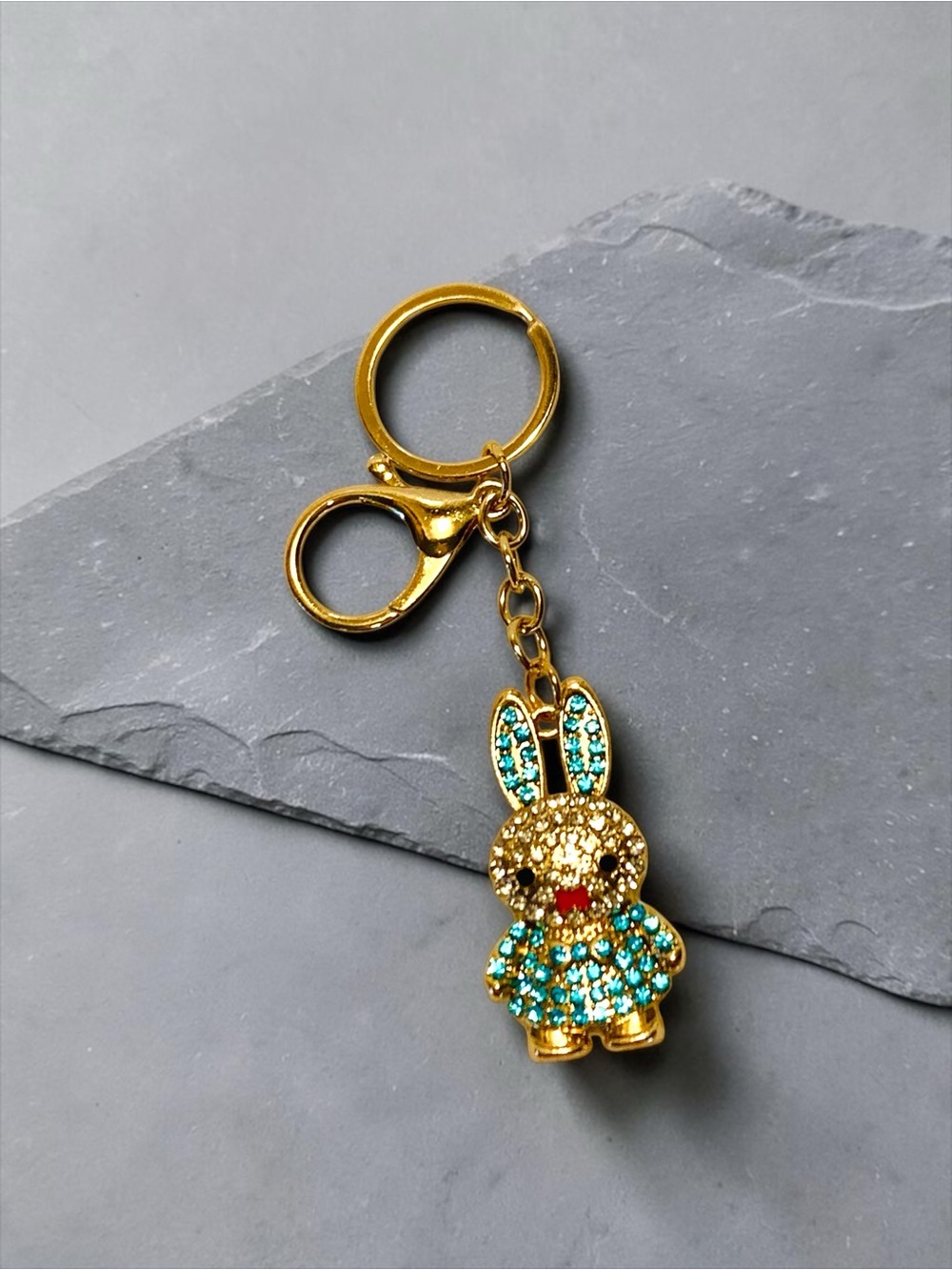 Mint Gold Bunny Rabbit Keychain with blue and Clear Crystals